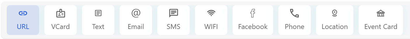A horizontal row of QR code type options in a QR code generator, with 'URL' selected and highlighted in blue. The other options are VCard, Text, Email, SMS, WIFI, Facebook, Phone, Location, and Event Card, each shown with an icon.