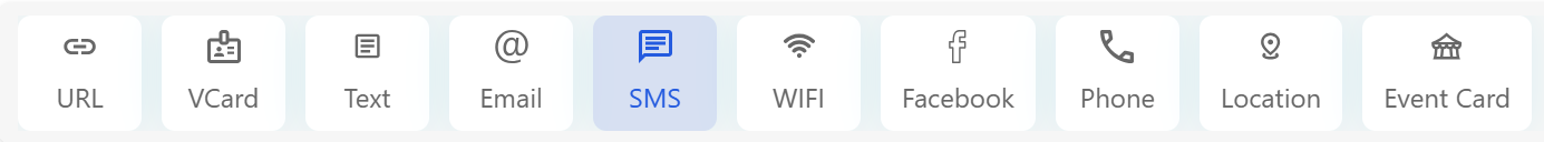 A horizontal row of QR code type options in a QR code generator, with 'SMS' selected and highlighted in blue. The other options are URL, VCard, Text, Email, WIFI, Facebook, Phone, Location, and Event Card, each shown with an icon.