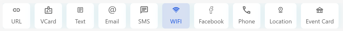 A horizontal row of QR code type options in a QR code generator, with 'WIFI' selected and highlighted in blue. The other options are URL, VCard, Text, Email, SMS, Facebook, Phone, Location, and Event Card, each shown with an icon.