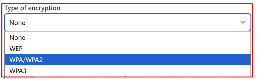 A 'Type of encryption' dropdown menu for a Wi-Fi QR code, outlined in a red box. The field shows 'None' selected, with the expanded list displaying options None, WEP, WPA/WPA2 (highlighted in blue), and WPA3.