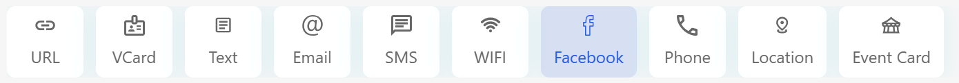 A horizontal row of QR code type options in a QR code generator, with 'Facebook' selected and highlighted in blue. The other options are URL, VCard, Text, Email, SMS, WIFI, Phone, Location, and Event Card, each shown with an icon.