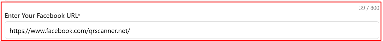 A required 'Enter Your Facebook URL' field outlined in a red box, containing 'https://www.facebook.com/qrscanner.net/'.
