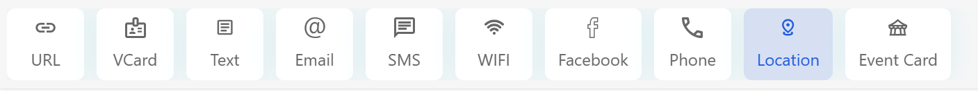 A horizontal row of QR code type options in a QR code generator, with 'Location' selected and highlighted in blue. The other options are URL, VCard, Text, Email, SMS, WIFI, Facebook, Phone, and Event Card, each shown with an icon.
