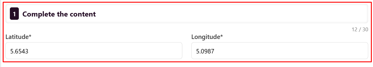 The 'Complete the content' form for creating a Location QR code, outlined in a red box. It shows a required Latitude field (5.6543) and a required Longitude field (5.0987).