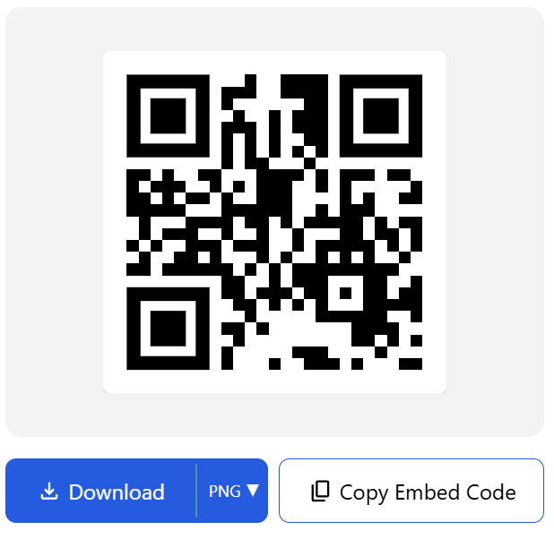 The output section of a QR code generator showing a generated black-and-white QR code displayed in a light gray box. Below it are two buttons: a blue 'Download' button with a PNG format dropdown, and a 'Copy Embed Code' button.