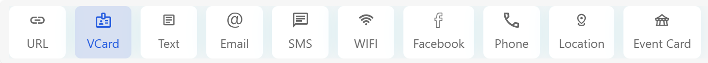 A horizontal row of QR code type options in a QR code generator, with 'VCard' selected and highlighted in blue. The other options are URL, Text, Email, SMS, WIFI, Facebook, Phone, Location, and Event Card, each shown with an icon.