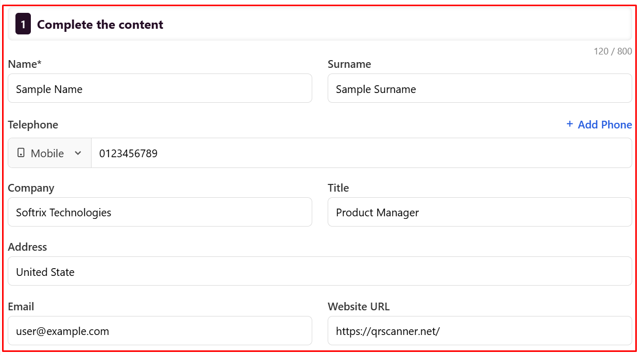 The 'Complete the content' form for creating a VCard QR code, outlined in a red box. It contains filled-in fields including Name (Sample Name), Surname (Sample Surname), Telephone (Mobile, 0123456789), Company (Softrix Technologies), Title (Product Manager), Address (United State), Email (user@example.com), and Website URL (https://qrscanner.net/).