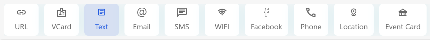 A horizontal row of QR code type options in a QR code generator, with 'Text' selected and highlighted in blue. The other options are URL, VCard, Email, SMS, WIFI, Facebook, Phone, Location, and Event Card, each shown with an icon.