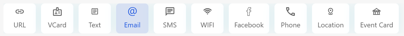 A horizontal row of QR code type options in a QR code generator, with 'Email' selected and highlighted in blue. The other options are URL, VCard, Text, SMS, WIFI, Facebook, Phone, Location, and Event Card, each shown with an icon.