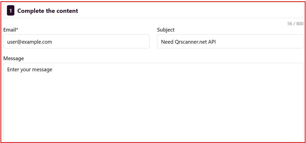 The 'Complete the content' form for creating an Email QR code, outlined in a red box. It shows a required Email field (user@example.com), a Subject field (Need Qrscanner.net API), and a Message field with the placeholder 'Enter your message'.