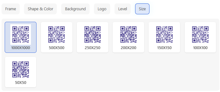 QR code size options from 50x50 to 1000x1000 pixels