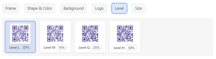 QR code error correction level options: L, M, Q, and H