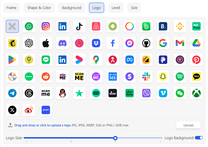 Logo options with platform icons and an upload button for a QR code