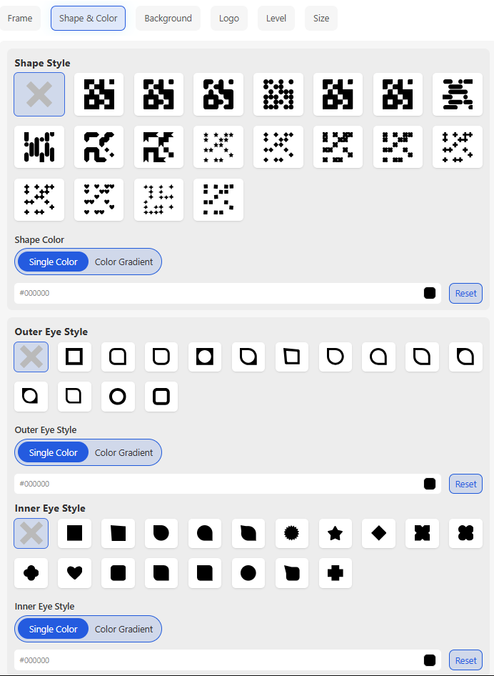 Shape and color options for the QR code pattern, outer eye, and inner eye