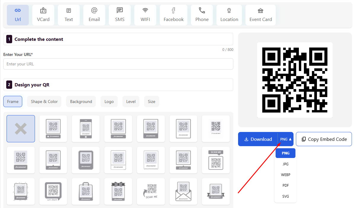 Generated QR code preview with Download and Copy Embed Code buttons