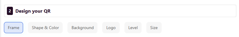 QR code design tabs: Frame, Shape and Color, Background, Logo, Level, and Size